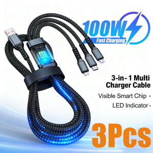 3 In 1 USB 100W Fast Charging Cable With Type-C Micro Multi Charger Nylon Braid Cord For iPhone 16 Oppo Huawei Xiaomi Data Cord