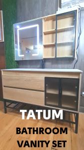 Wood Minimalist Japandi TATUM 120 CM Complete Bathroom Vanity Set Sink Countertop Faucet Base Storage Cabinet and LED Mirror Cabinet
