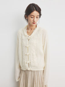 Annata Womens Wool Knitted Open Cardigan White 3D Flower round Neck Chinese Style Button Autumn Spring Knitwear