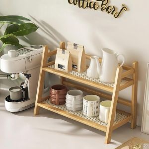 2 Tier Wicker-Look Coffee Station Organizer Bamboo Mug Holder Countertop Kitchen Counter Shelf for Tea Coffee Bar Accessories