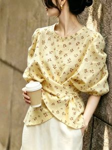 KUNAILIN | Commuter Dot Pattern Puffy Sleeve Waist-Tie Fashionable Shirt