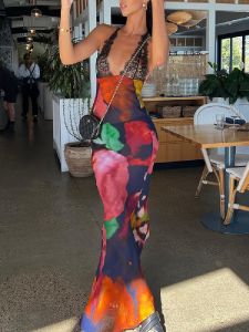 ชุดเดรสยาวสายเดี่ยวพิมพ์ลายลูกไม้เซ็กซี่ ZONE ฤดูใบไม้ร่วง ชุดเดรสยาวคอวีลึก ชุดเดรสยาวผ้าโพลีเอสเตอร์เอวสูง