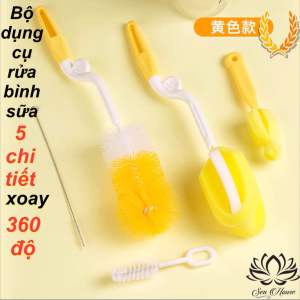HCM_HOẢ TỐC.Bộ dụng cụ rửa bình sữa 5 chi tiết xoay 360 độ ( màu vàng như hình).Hàng sẵn Nowship