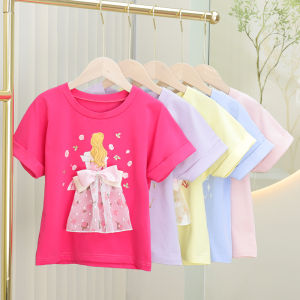 Summer Cotton T-Shirt for Girls Short Sleeve Casual Lightweight Princess Style Childrens Wear Trendy round Neck Cartoon Print