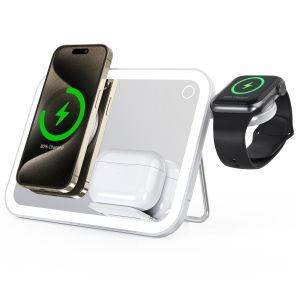 ZUZG Qi2 3-in-1 Wireless Charger with Makeup Mirror & LED Light – Portable Charging Station for iPhone Apple Watch AirPods & Galaxy Buds – Cosmetic Mirror for Women Night Light Function Fast Charging