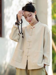 New High-End Hemp Thickened Fleece Lined Retro Chinese Style Womens Jacket Fall Winter New Arrival Buddha Mind Fashion