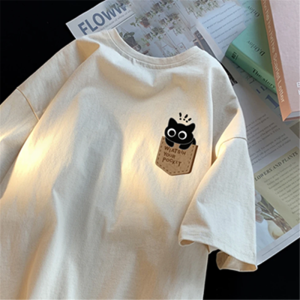 Cartoon Kitten Short Sleeve T-Shirt Mens Summer Casual Loose Fit Teenage Five-Quarter Sleeve round Neck Basic Style