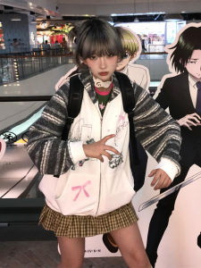 Áo Khoác Nỉ Nữ Phong Cách Nhật Bản Đầu Thu Dày Dặn Áo Nỉ Kẻ Sọc Rộng Rãi Áo Cardigan Hở Thời Trang Áo Khoác Ngoài