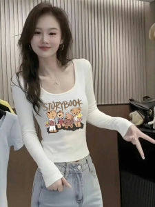 Slim Fit Long Sleeve U-Neck Base Shirt Womens Fashionable Printed T-Shirt Low Cut Autumn White Bottoming Top for Young Ladies