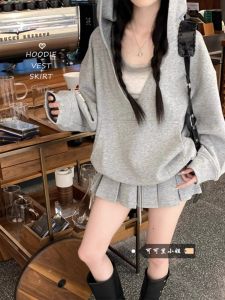 Loose Hooded Sweet and Spicy Style Long Sleeves Sweatshirt Vest Female Early Autumn New Arrival High Waist Pleated Skirt Fashion Suit