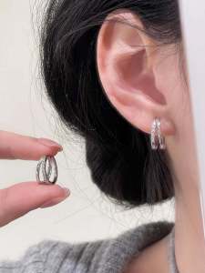 925 Silver Needle Simple Fashionable Plain Hoops Earrings Women Elegant Double Layer Circle Cold Style Ear Jewelry