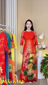 Áo dài lụa nhật K163 nền đỏ hoa Cúc cổ tròn tay lỡ may sẵn đồng phục hội họp đám cưới Ảnh thật tự chụp sẵn hàng