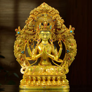 ZANGCUN | Handmade Gold-plated Four-armed Guanyin Copper Statue for Home Indoor Decoration