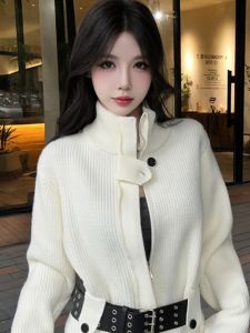 GUZILIAN | Semi Turtleneck Zipped Cinch Waist Sweater Coat