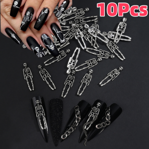 10Pcs 3D Retro Skeleton Man Nail Charms Punk Halloween Silvery Alloy Skeleton Nail Art Decoration For DIY Crafts Manicure Supply