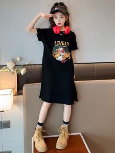 Girls Summer T-Shirt Dress Mid-Length Childrens Clothing Short-Sleeved Korean Style Fork Large Children Trendy Skirt Casual