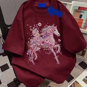 FLICBS | Oversize 300 Pounds American Style Small Horse Flowers Imitation Embroidery Short Sleeve T-Shirt