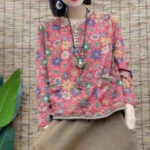 Floral Print Loose Long Sleeve V-Neck T-Shirt Womens Base Layer Top Vintage Versatile Autumn Winter New Arrival Casual Shirt