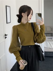 Avocado Green Half High Collar Base Shirt Womens Autumn Winter Inner Bubble Sleeve Long Sleeve T-Shirt with Work Pants Top