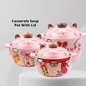 YU Ready Stock 1.8l/3.6L Ceramic Pot Fortune Lucky Healthy Cat Soup Pot Cute Ceramic Cookware
