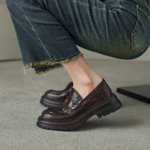 Euchetti Genuine Leather round Toe Camellia Slip-On Loafers Womens College Style Mini Leather Shoes Thick Bottom Single Shoes