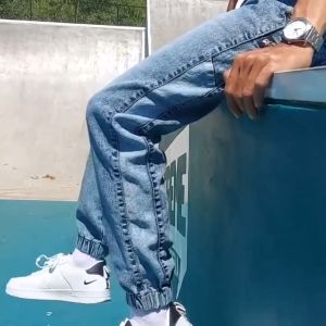 Celana Jeans Jogger Plat Pria JOGER Pants Denim Grey Sandwash Premium Celana Pinggang Karet/Melar