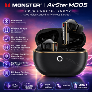 Monster | Monster AirStar MD05 53dB ANC Earbuds VPU Bone Conduction Voiceprint Bluetooth 6.0 Earphone Noise Canceling Headphone with 8-Mic