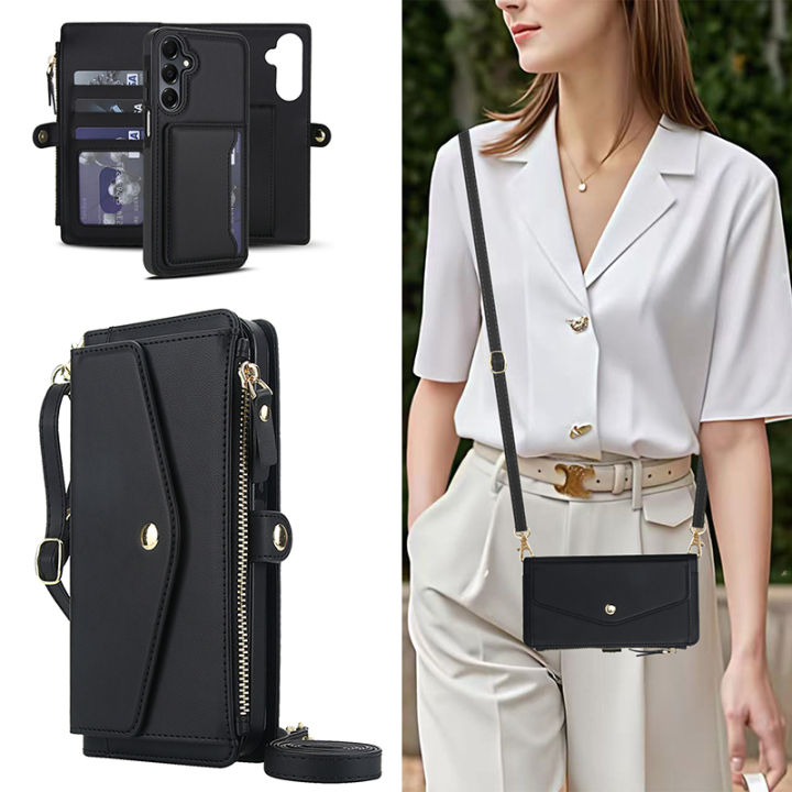 Card Case For Samsung A55 With diagonal strap lanyard Coin Purse Case Flip Cover With Card Holder Mobile Phone Shell With Rope Cards Slot Cases Casing For Samsung Galaxy A12 A13 A14 A15 A16 A52 A53 A54 A55 A35 A36 A52S With Wallet Bag