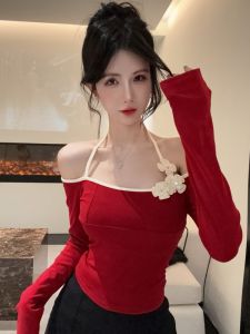 GUZILIAN | Áo thun tay dài cổ treo hoa phong cách Mỹ dành cho nữ mùa thu đông ôm vừa vặn tôn dáng ngắn hở vai