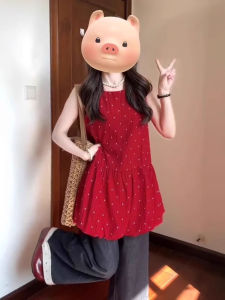 Áo Vest Không Tay Màu Đỏ Kiểu Pháp Thiết Kế Độc Đáo Giảm Tuổi Tác Xếp Ly Tay Áo Kiểu Pháp Mùa Hè 2025 Chất Liệu Mềm Mại