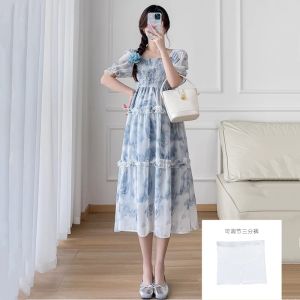 Bộ Váy Mùa Hè Cho Bà Bầu Áo Sơ Mi Voan Rộng Tay Ngắn Họa Tiết Hoa Váy Midi Dài Thanh Lịch Mới Cho Phụ Nữ Mang Thai