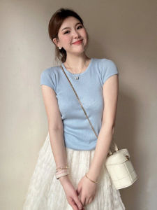 Plus Size Plus Size Ladies Blue Short-Sleeved T-Shirt Womens Summer Temperamental Minority Silm Shoulder Pure Desire Thin Knitwear Tops