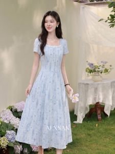Đầm Hè Thắt eo Hoa Văn Xanh Pháp Elegance