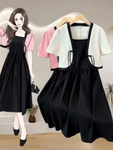 plus Size Womens Summer Dress Set Slimming Strap High Waist A-Line Skirt Two-Piece Ensemble Korean Style Commute Fashion