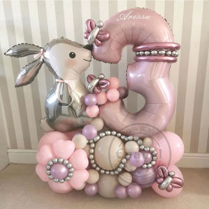 53pcs Easter Bunny Cartoon Rabbit Foil Balloons with Pink 40inch Number Ball Set Child Girls 1st Birthday Party Baby Shower Deco