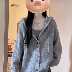 เสื้อคาร์ดิแกนถักมีฮู้ดสำหรับผู้หญิง ทรงหลวม หนา นุ่ม สไตล์เกาหลี แฟชั่นฤดูใบไม้ร่วง/ฤดูหนาว เสื้อผ้าผู้หญิง