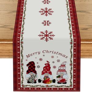 VIKAMA Christmas Table Runner Snowflake Reindeer Gnome Tapestry Buffalo Plaid Xmas Tree Dining Table Scarf Party Decor