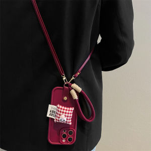 Apple 17Pro 16Promax 15Promax 14 13 12 11/XS Silicone Protective Case with Stand And Lanyard Creative Cartoon Style Wine Red Plaid Emotion Design