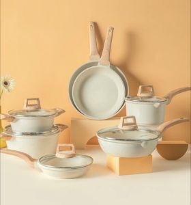 Carote Cosy/IceCream Collection Non Stick Cookware Set with Lid 7PCS Japanese Style Spout PFOA Free Non-Stick Coating Suitable All Stove Including Induction