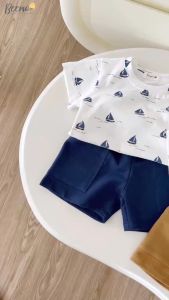 Set bộ cộc tay Beemo in tràn hình thuyền vải cotton thoáng mát cho bé trai từ 9-24kg 5145BHB