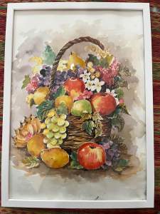 ภาพวาดผลไม้รวม ภาพผลไม้มงคล ภาพวาดสีน้ำขนาดA3/29.7x42cm พร้อมกรอบกระจก แขวนได้ตั้งได้ เหมาะเป็นของขวัญ ของฝากเสริมมงคล