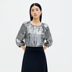Elegant Silver Grey Womens Shirt round Neck Bubble Sleeve Top Polyester Fiber Commute Style Spring New Arrival