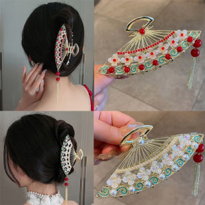 Chinese Style Pearl Fan Shaped Alloy Hair Clip Back of The Head Hairpin Flower Sector Hair Claw Clip Ancient Style Hair Clips for Women Tassel Hair Pins Shark Clips Hair Accessories