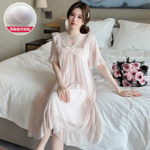 With Chest Pad Nightdress Women Summer Season Short sleeve Modal Mesh Lace Court Princess Style Pajamas Homewear