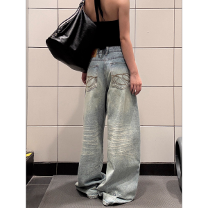 Quần Jeans Ống Thẳng Rộng Thêu Tay Cổ Đi Phố Mỹ Cạp Cao Cho Nữ Quần Ống Rộng Ôm Dáng Thiết Kế Mùa Thu