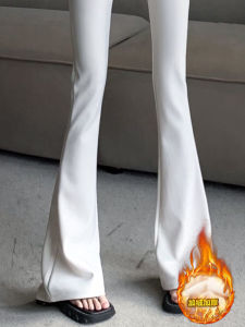 กางเกงขายาวทรงหลวมเอวสูงผ้ากำมะหยี่สีขาวสำหรับผู้หญิง ฤดูใบไม้ร่วง/ฤดูหนาว กางเกงขายาวทรงหลวม กระดุม ซิป กางเกงขายาวทรงขาบาน