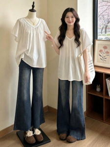 Stylish Ruffled V-Neck Short Sleeve Shirt Slim Fit Loose Top
