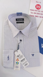 [Việt Tiến Sale] Sơ Mi Dài Tay - Regular (Suông) - Vạt Bầu - Kẻ nâu xen xanh trên nền trắng