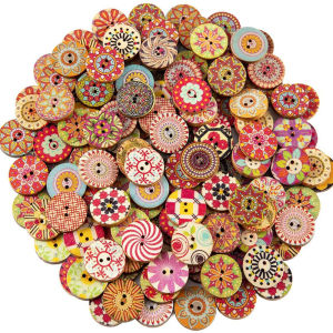 100pcs 15-25mm Vintage Wooden Buttons Colorful DIY Crafts Multi Patterns Sewing Accessories for Scrapbooking Wedding Decor Gifts