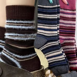 6Pairs Autumn Winter Warm Blocking Stripe Socks for Women Mink Plush Cozy Fluffy Soft Mid-Calf Cotton Thermal Socks Korean Casual Socks